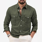 Exclusive Men's Multi-pocket Solid Color Casual Long Sleeves Top — Army Green — Size L — Back View