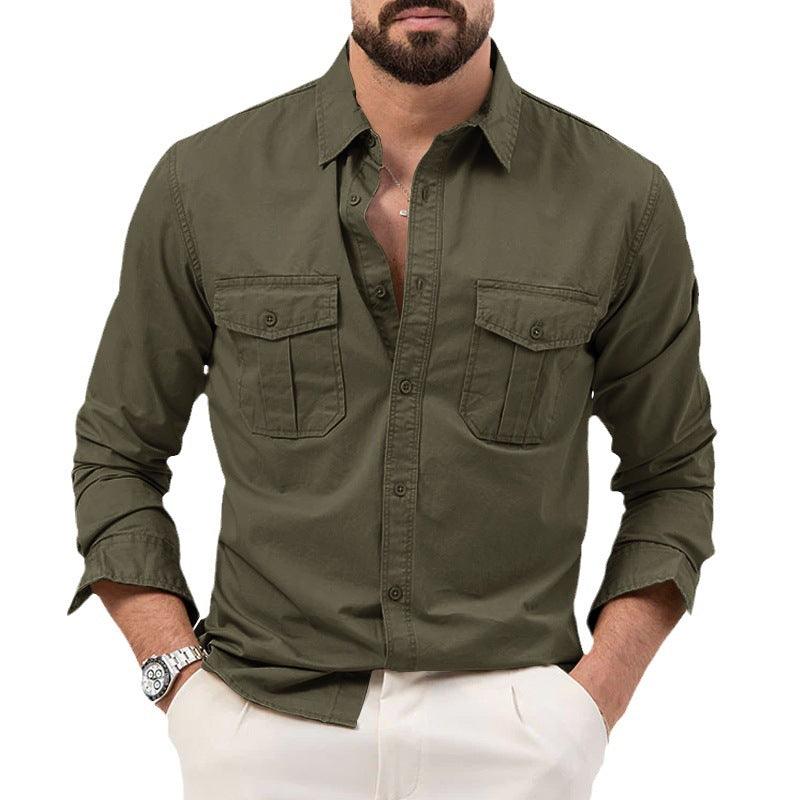 Exclusive Men's Multi-pocket Solid Color Casual Long Sleeves Top — Army Green — Size L — Front View