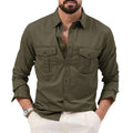 Exclusive Men's Multi-pocket Solid Color Casual Long Sleeves Top — Army Green — Size L — Front View