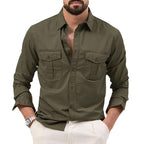 Exclusive Men's Multi-pocket Solid Color Casual Long Sleeves Top — Army Green — Size L — Front View