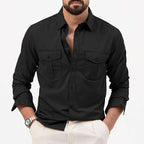 Exclusive Men's Multi-pocket Solid Color Casual Long Sleeves Top — Army Green — Size L — Top View