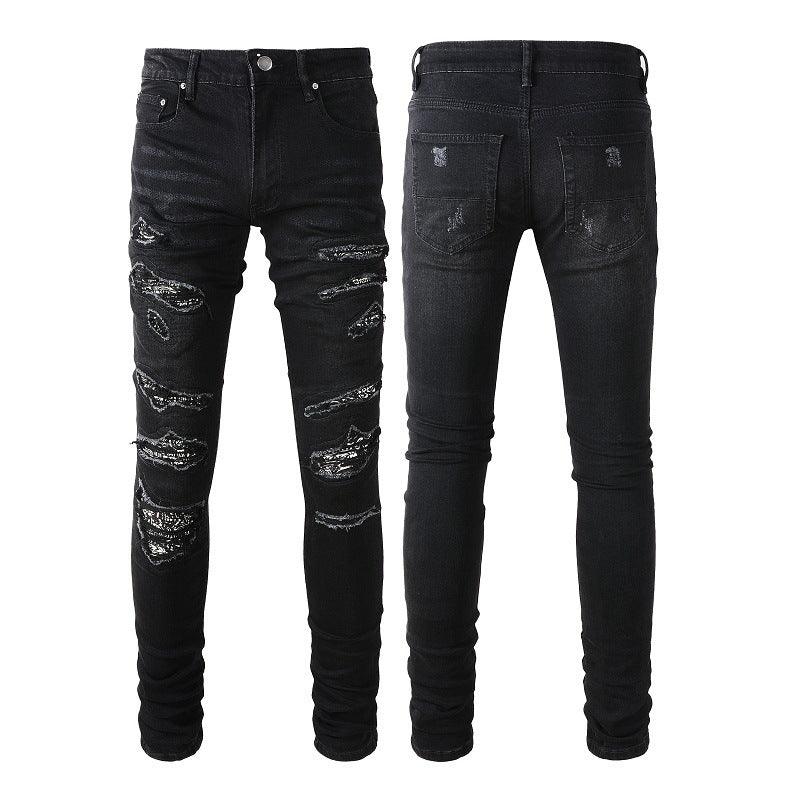 Exclusive Men's Paisley Patch Street Jeans — Black — Size 28 — Front View