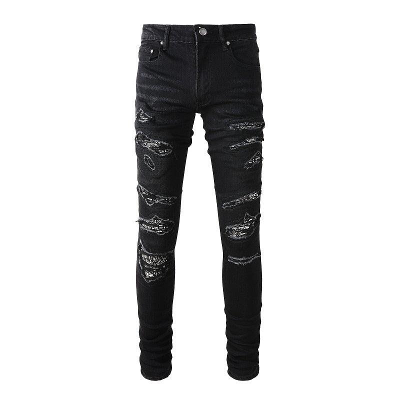 Exclusive Men's Paisley Patch Street Jeans — Black — Size 28 — Side View