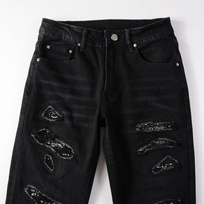 Exclusive Men's Paisley Patch Street Jeans — Black — Size 28 — Detail View