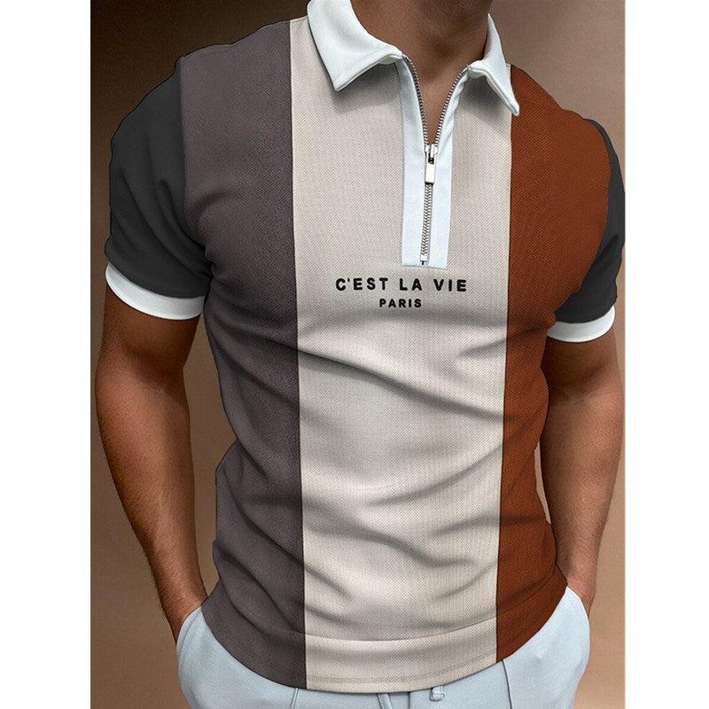Exclusive Men's POLO Shirt Striped Printed Short Sleeve T-Shirt Lapel Shirt — Black white — Size 2XL — Side View
