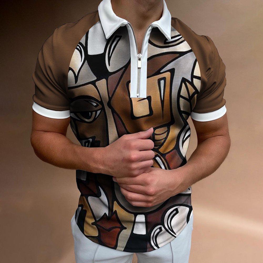 Exclusive Men's POLO Shirt Striped Printed Short Sleeve T-Shirt Lapel Shirt — Black white — Size 2XL — Detail View