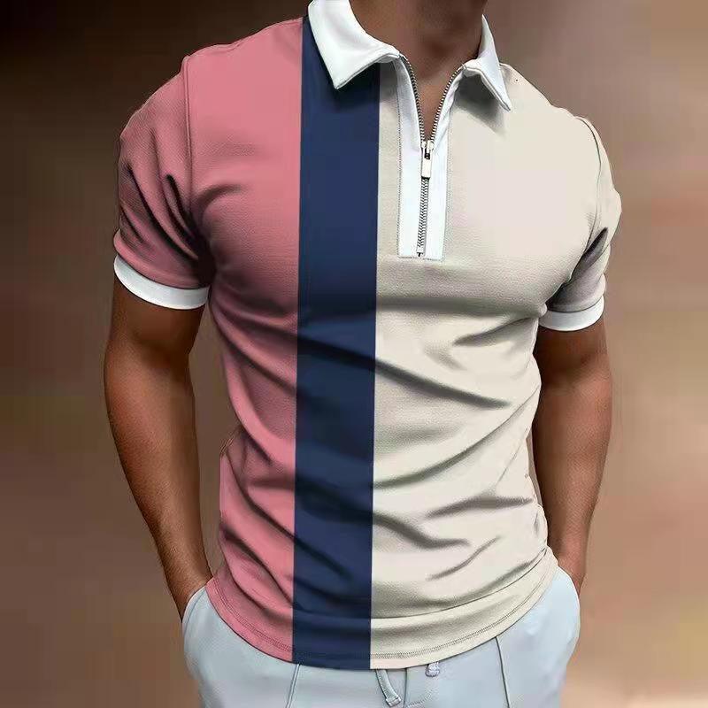 Exclusive Men's POLO Shirt Striped Printed Short Sleeve T-Shirt Lapel Shirt — Black white — Size 2XL — Top View