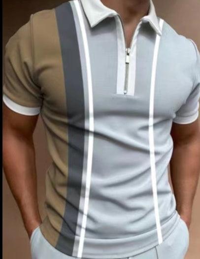 Exclusive Men's POLO Shirt Striped Printed Short Sleeve T-Shirt Lapel Shirt — Black white — Size 2XL — Lifestyle View