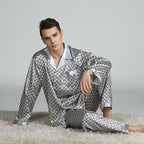 Exclusive Men's Printed Silk Pajamas — Silver circle — Size L — Lifestyle View