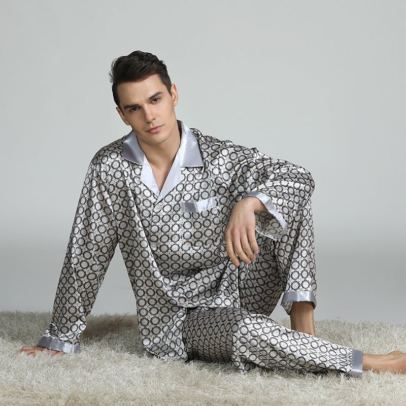 Exclusive Men's Printed Silk Pajamas — Silver circle — Size L — Lifestyle View