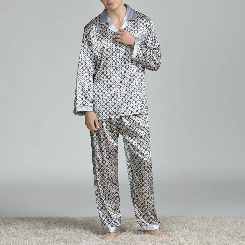 Exclusive Men's Printed Silk Pajamas — Silver circle — Size L — Detail View