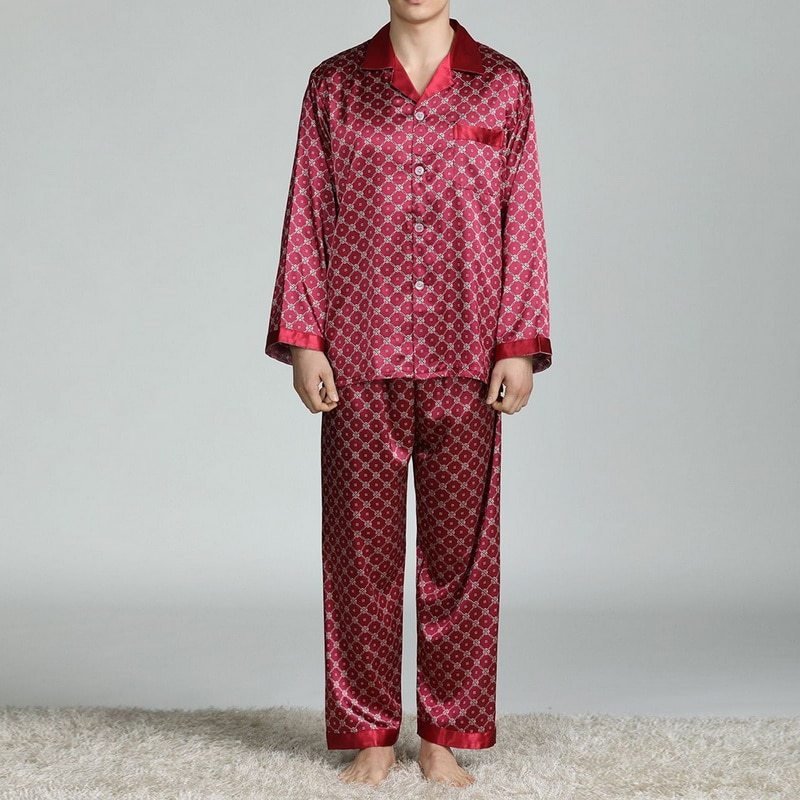 Exclusive Men's Printed Silk Pajamas — Silver circle — Size L — Top View
