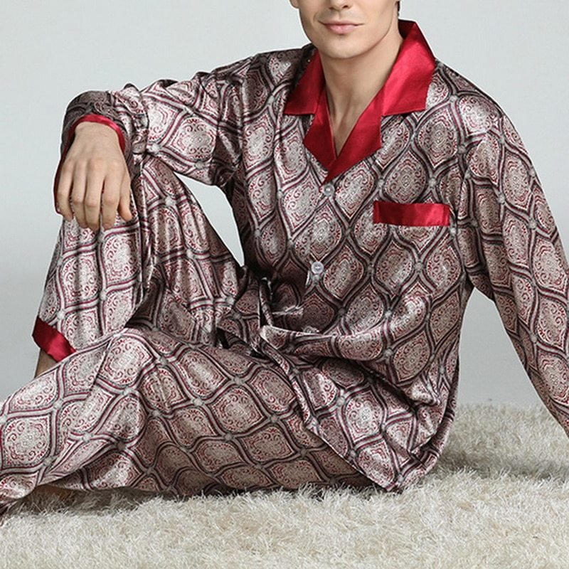 Exclusive Men's Printed Silk Pajamas — Silver circle — Size L — Front View