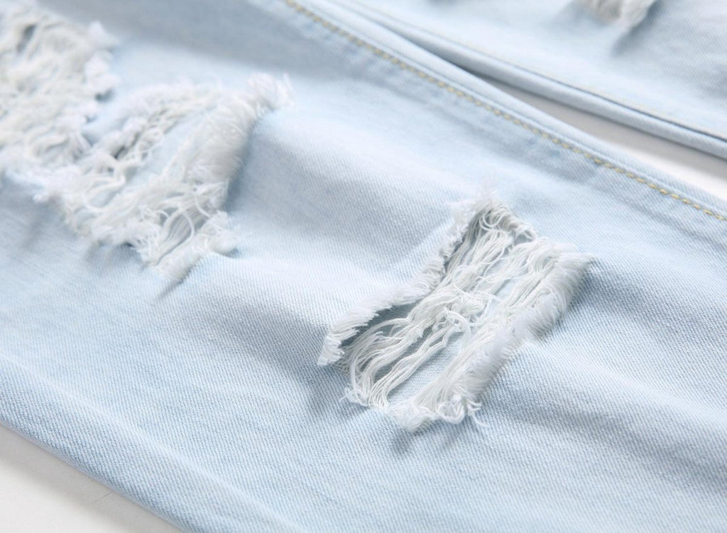 Exclusive Men's Ripped Jeans – Straight Fit Washed Distressed Denim Pants — Light Blue — Size 30 — Back View