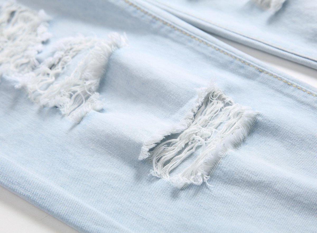 Exclusive Men's Ripped Jeans – Straight Fit Washed Distressed Denim Pants — Light Blue — Size 30 — Back View