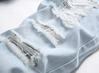 Exclusive Men's Ripped Jeans – Straight Fit Washed Distressed Denim Pants — Light Blue — Size 30 — Detail View