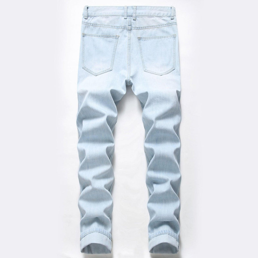 Exclusive Men's Ripped Jeans – Straight Fit Washed Distressed Denim Pants — Light Blue — Size 30 — Top View