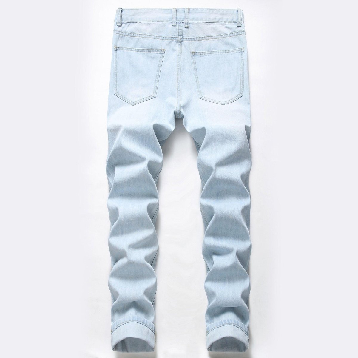 Exclusive Men's Ripped Jeans – Straight Fit Washed Distressed Denim Pants — Light Blue — Size 30 — Top View