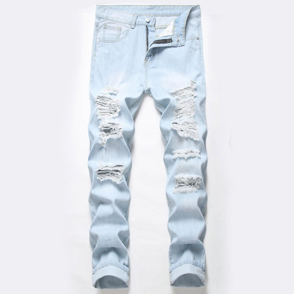 Exclusive Men's Ripped Jeans – Straight Fit Washed Distressed Denim Pants — Light Blue — Size 30 — Side View