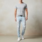 Exclusive Men's Ripped Jeans – Straight Fit Washed Distressed Denim Pants — Light Blue — Size 30 — Front View