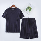 Exclusive Men's Short Sleeved Shorts Set — Light Gray — Size L — Side View
