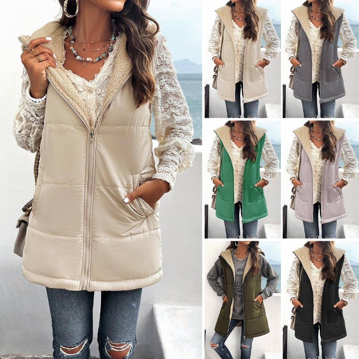 Exclusive Mid-length Hooded Cotton Jacket With Pockets — Army Green — Size L — Back View