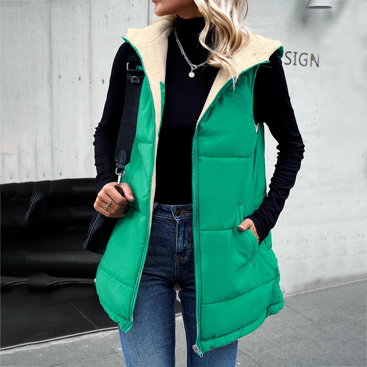 Exclusive Mid-length Hooded Cotton Jacket With Pockets — Army Green — Size L — Front View