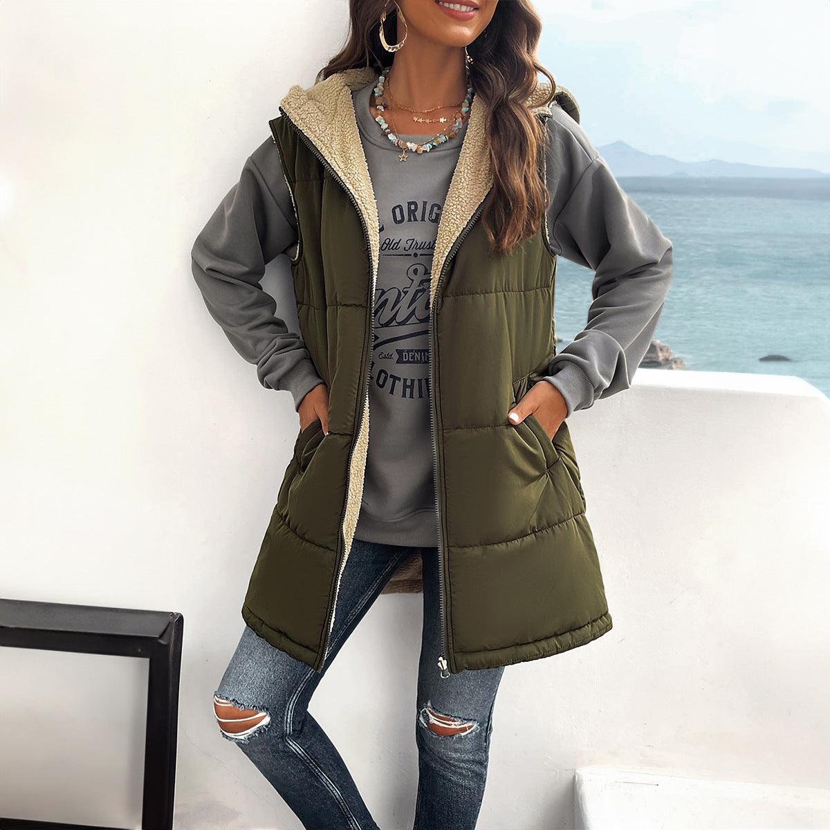 Exclusive Mid-length Hooded Cotton Jacket With Pockets — Army Green — Size L — Lifestyle View