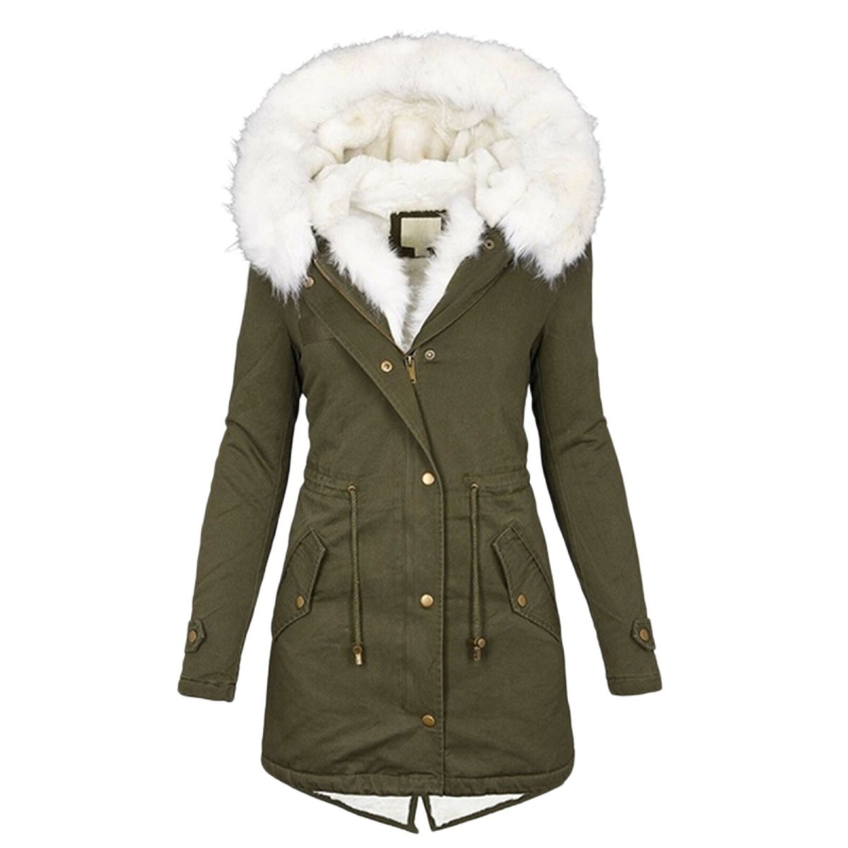 Exclusive Mid-length hooded winter warm plus fleece coat — Army Green — Size 4XL — Side View