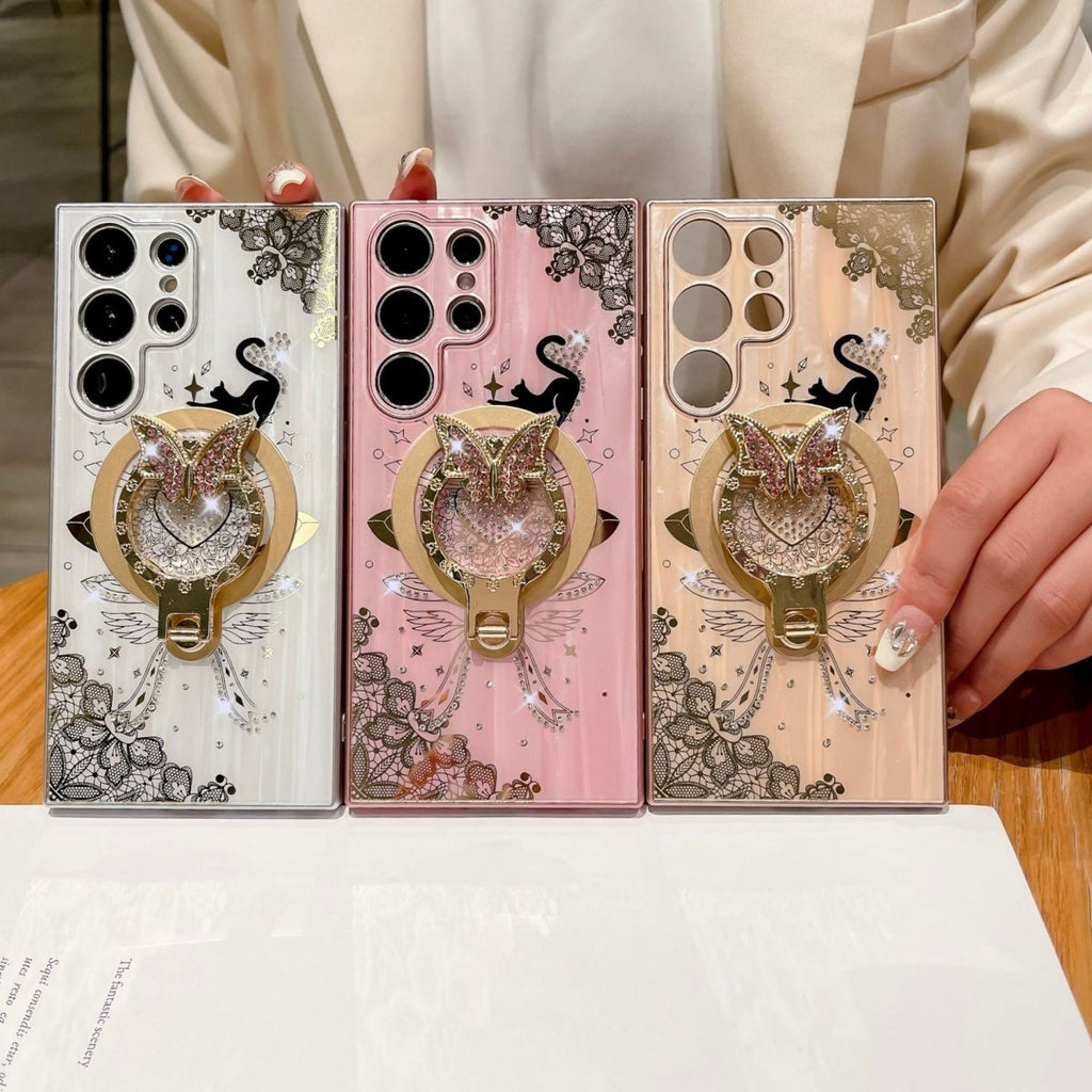 Exclusive Diamond Encrusted Butterfly Phone Case — White — Size Samsung S24 — Front View