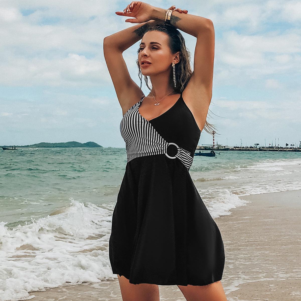 Exclusive Ms Song, The New Swimsuit Printed Skirt Fission Swimsuit Bik — Black — Size 2XL — Front View