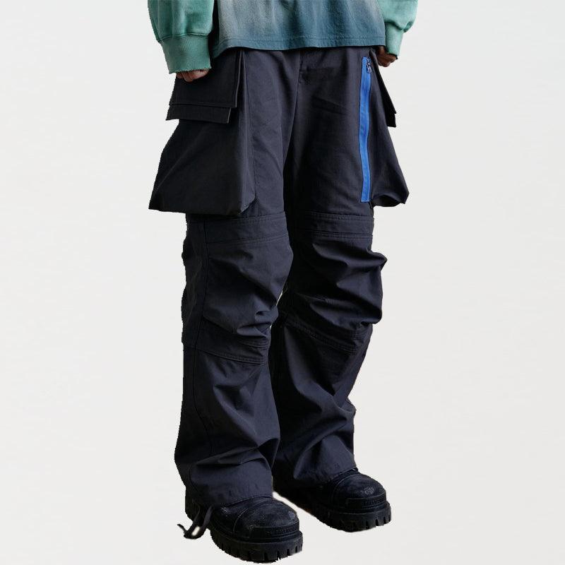 Exclusive Multi-pocket Contrast Zip Casual Baggy Pants — Dark Grey — Size 2XL — Front View