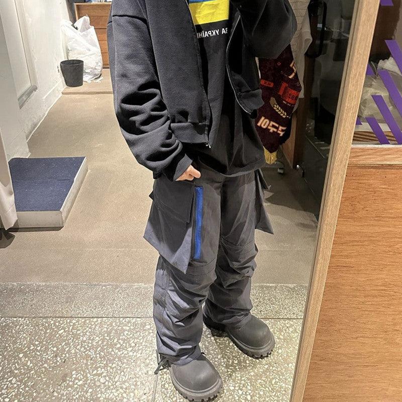 Exclusive Multi-pocket Contrast Zip Casual Baggy Pants — Dark Grey — Size 2XL — Back View