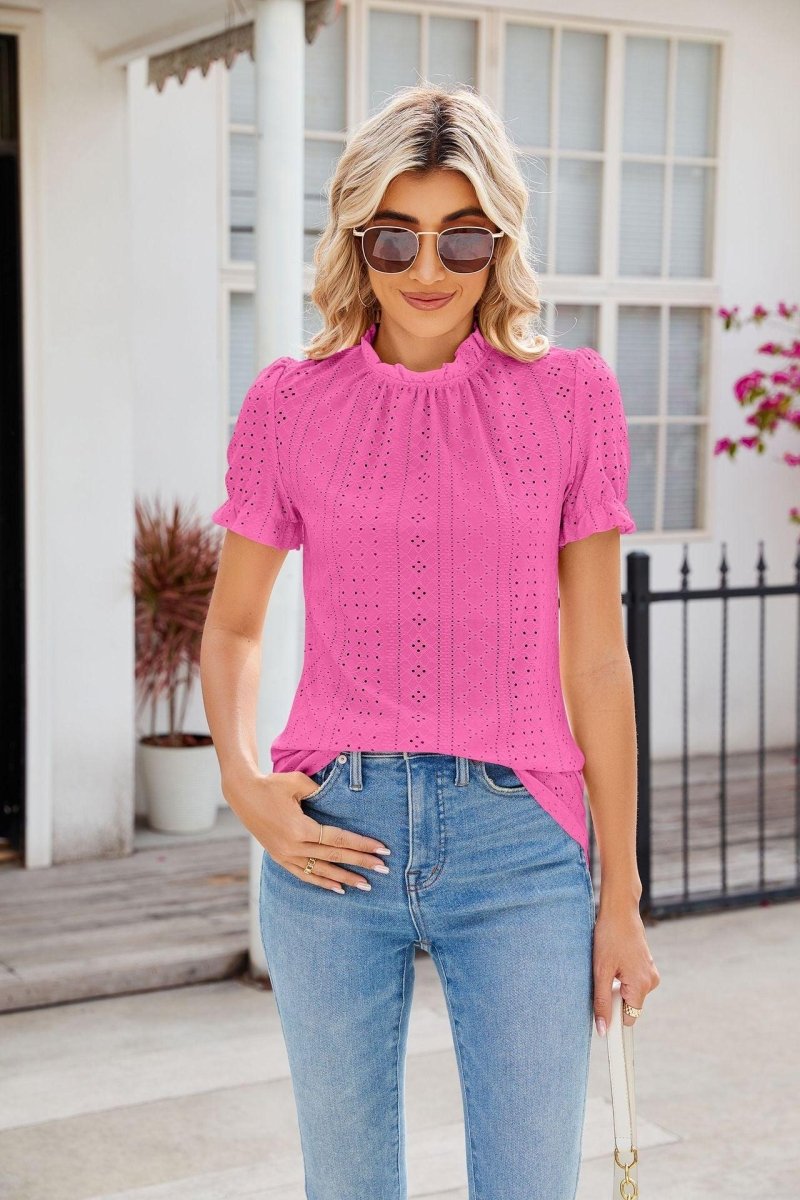 Exclusive New Fashion Lacework Round Neck Top — Black — Size L — Detail View
