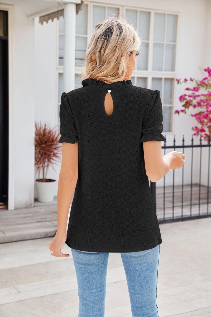 Exclusive New Fashion Lacework Round Neck Top — Black — Size L — Back View