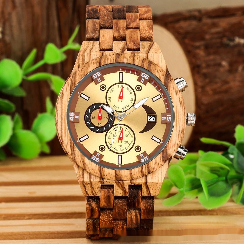 Exclusive Multi-functional Full Wood Band Quartz Watch — Ebony With Blue Surface — Alternate View 8