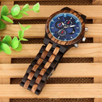 Exclusive Multi-functional Full Wood Band Quartz Watch — Ebony With Blue Surface — Back View