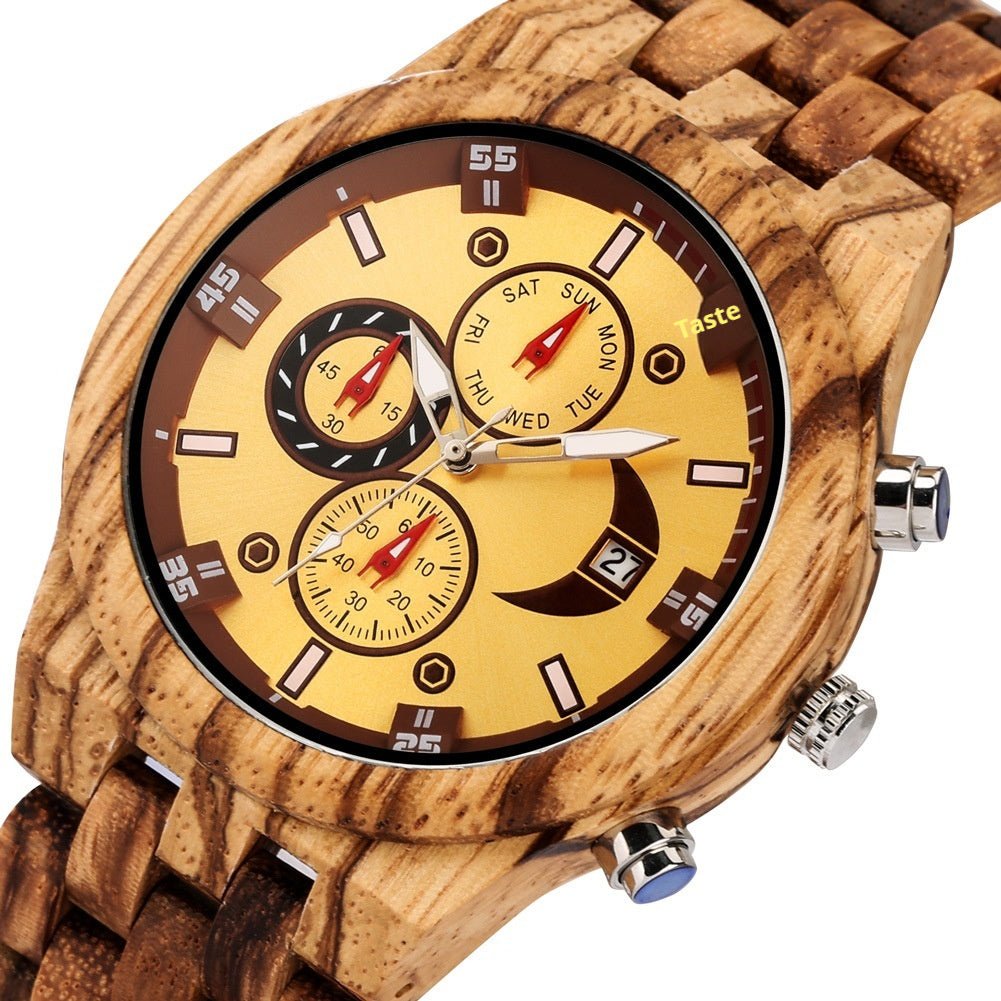 Exclusive Multi-functional Full Wood Band Quartz Watch — Ebony With Blue Surface — Detail View