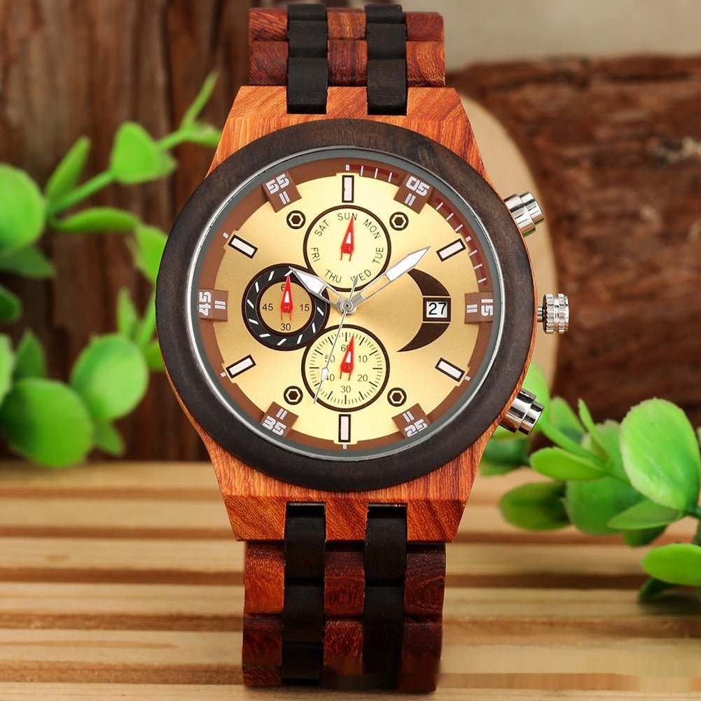 Exclusive Multi-functional Full Wood Band Quartz Watch — Ebony With Blue Surface — Alternate View 7