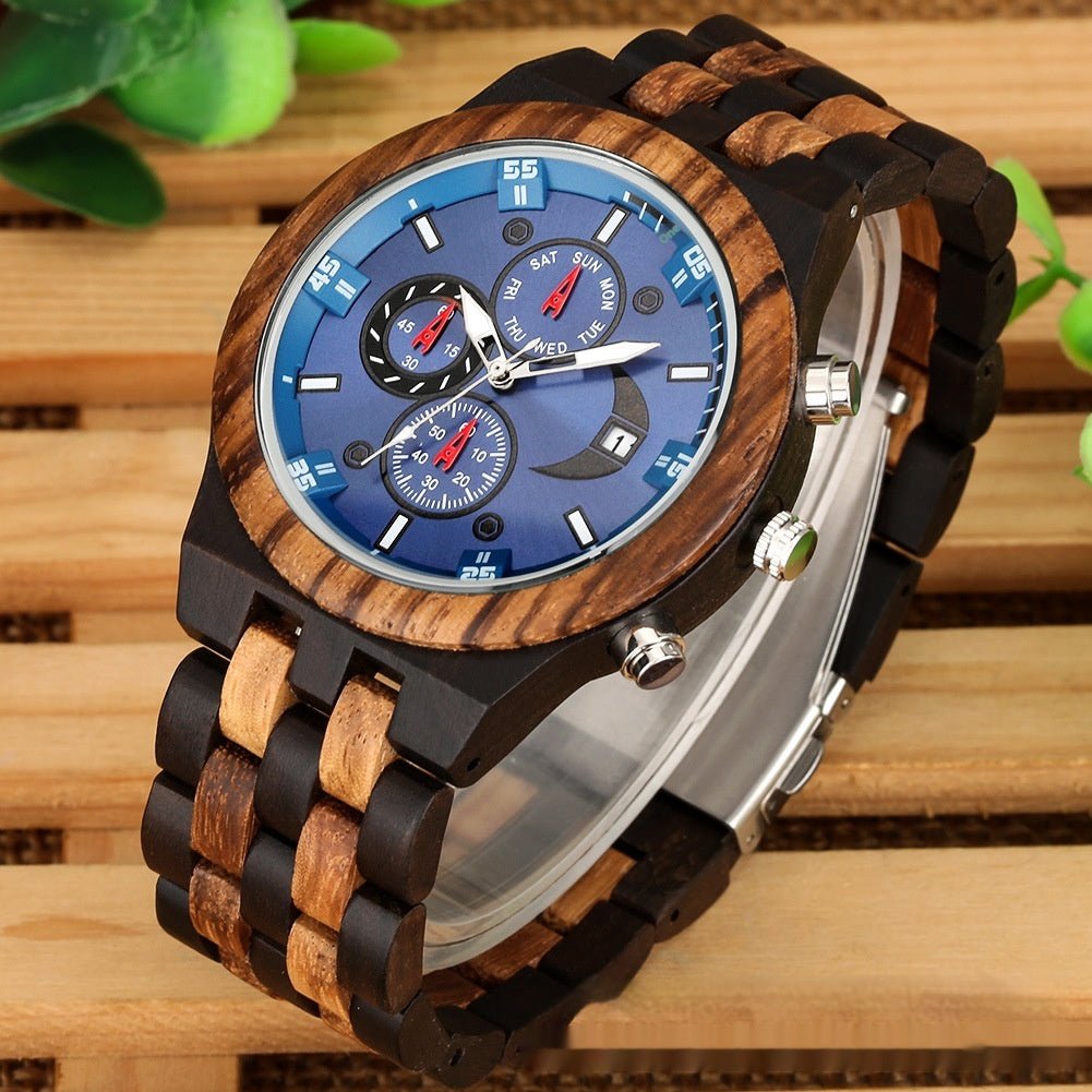 Exclusive Multi-functional Full Wood Band Quartz Watch — Ebony With Blue Surface — Side View