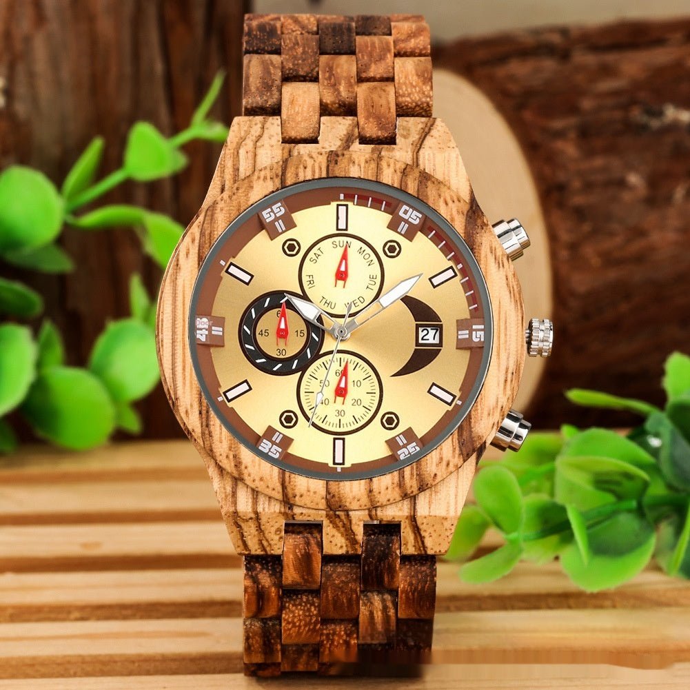 Exclusive Multi-functional Full Wood Band Quartz Watch — Ebony With Blue Surface — Alternate View 11
