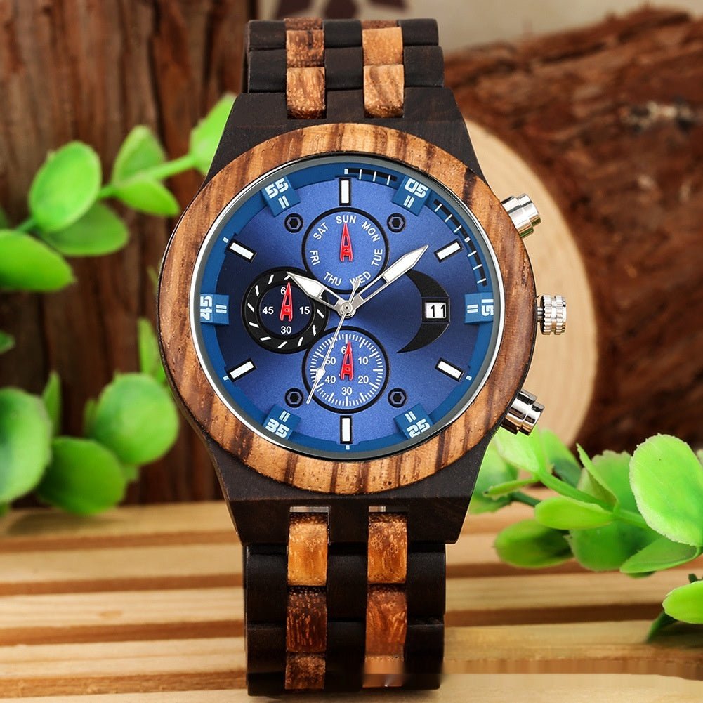Exclusive Multi-functional Full Wood Band Quartz Watch — Ebony With Blue Surface — Alternate View 9