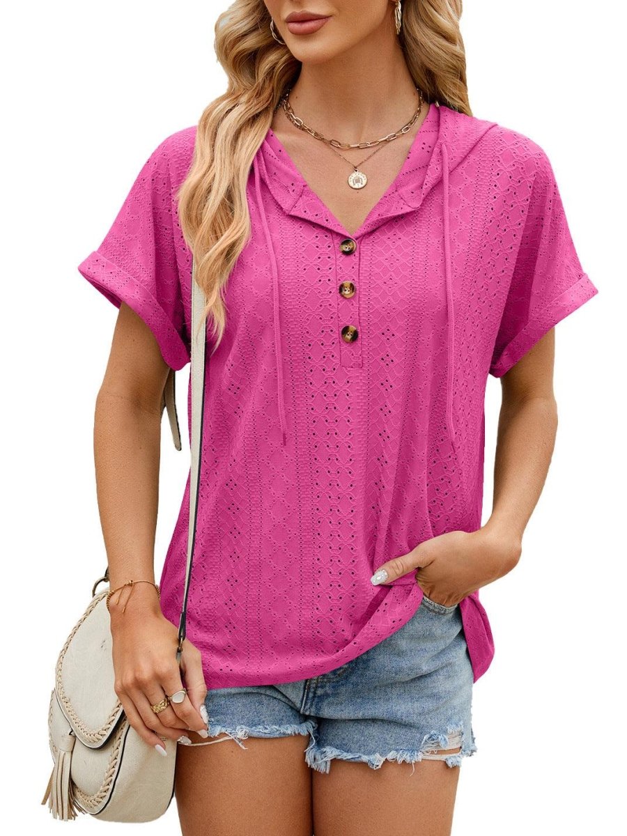 Exclusive New Solid Color Hooded Button T-shirt — Barbie Pink — Size L — Alternate View 11