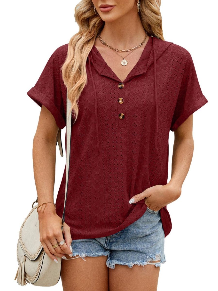 Exclusive New Solid Color Hooded Button T-shirt — Barbie Pink — Size L — Detail View