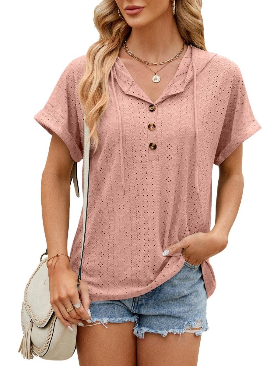 Exclusive New Solid Color Hooded Button T-shirt — Barbie Pink — Size L — Alternate View 10