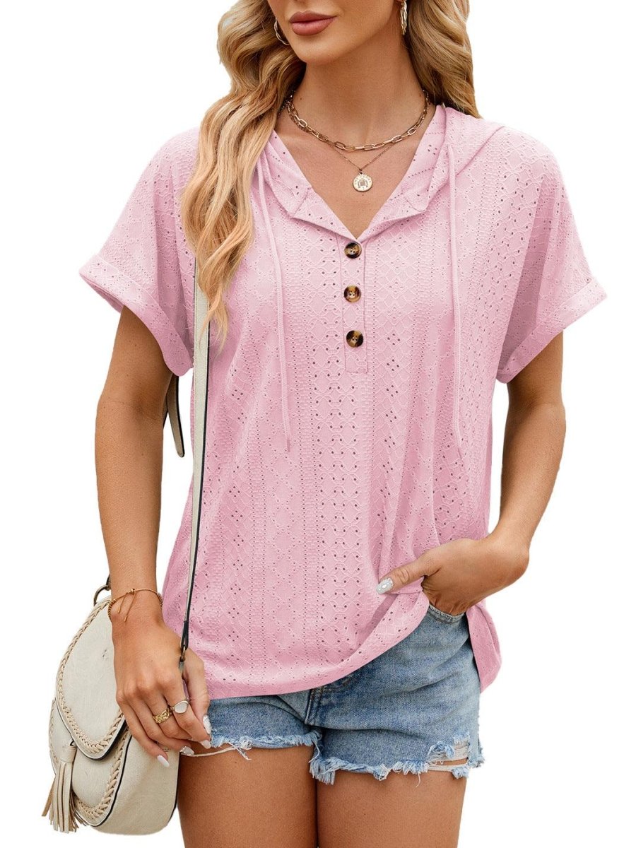 Exclusive New Solid Color Hooded Button T-shirt — Barbie Pink — Size L — Alternate View 12