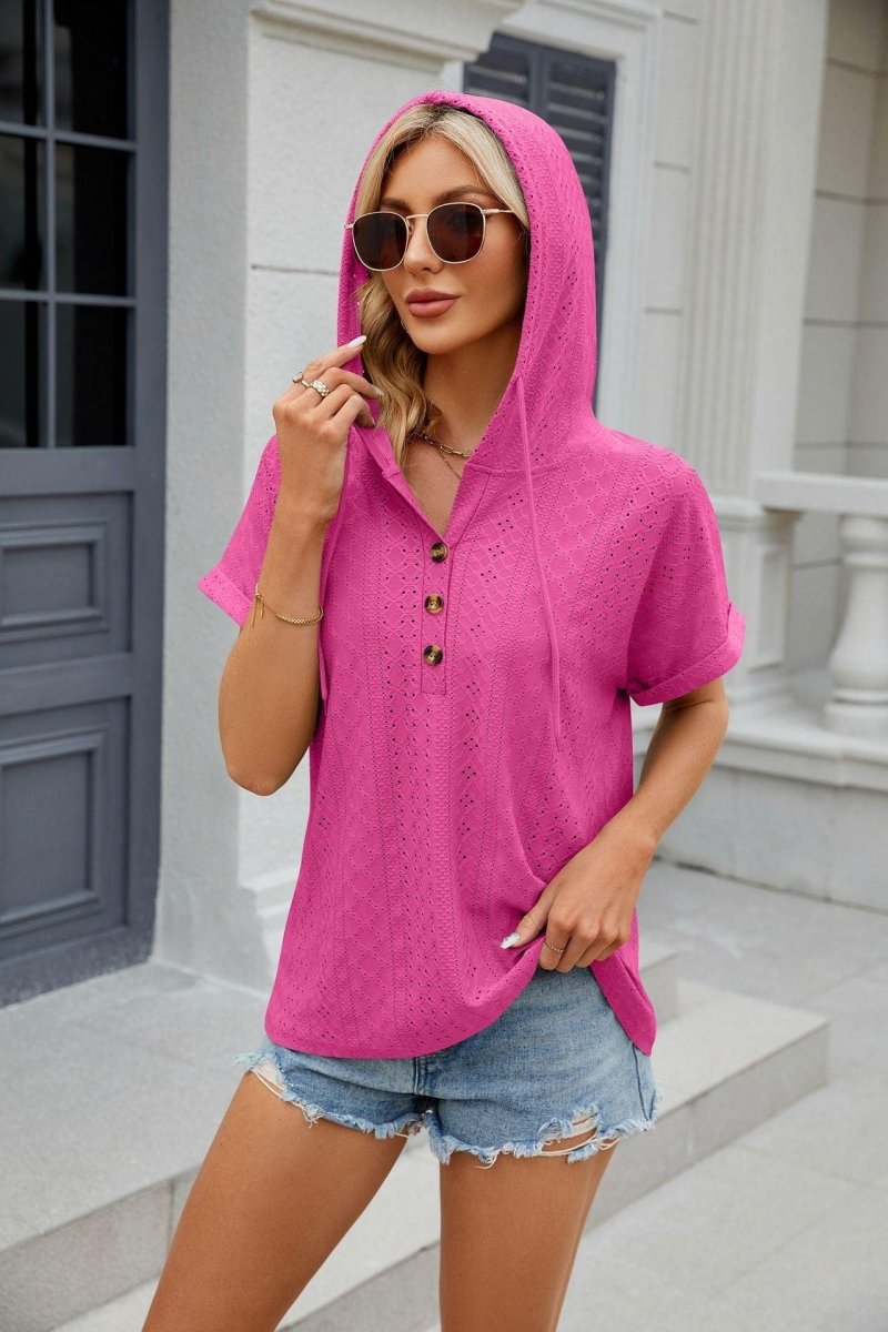 Exclusive New Solid Color Hooded Button T-shirt — Barbie Pink — Size L — Alternate View 14