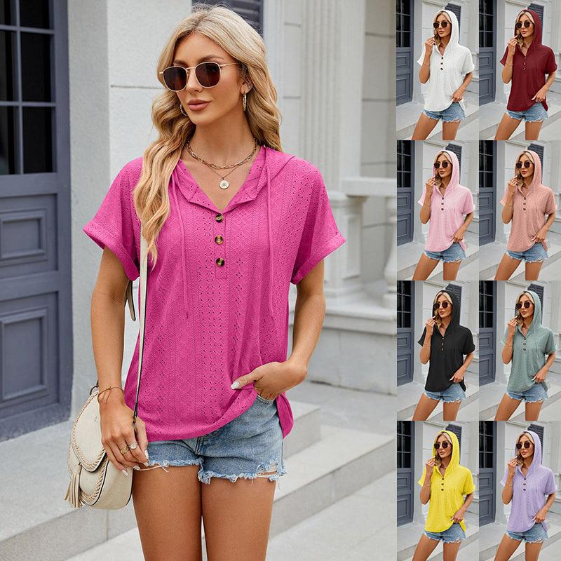Exclusive New Solid Color Hooded Button T-shirt — Barbie Pink — Size L — Front View