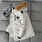 Exclusive Unisex Mid-Length Loose Couple Winter Coat — Beige — Size 3XL — Back View