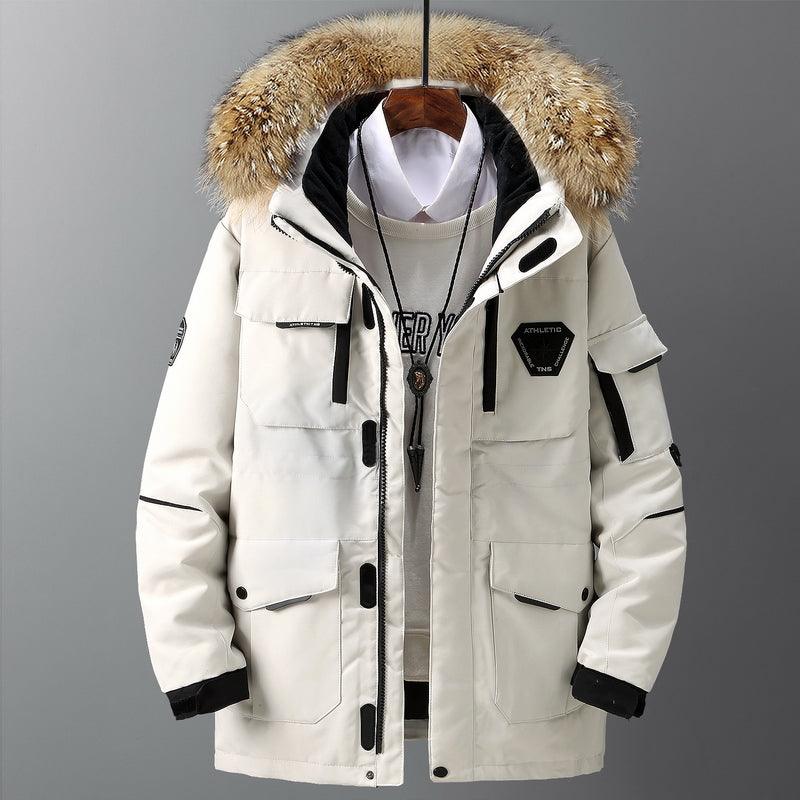 Exclusive Unisex Mid-Length Loose Couple Winter Coat — Beige — Size 3XL — Front View
